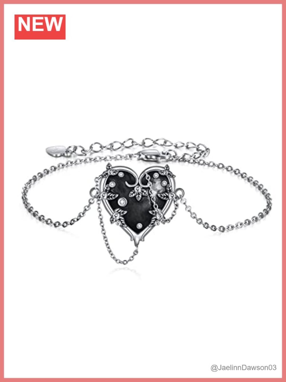 Sterling Silver Witches Heart Bracelet Gothic Link Chain Adjustable